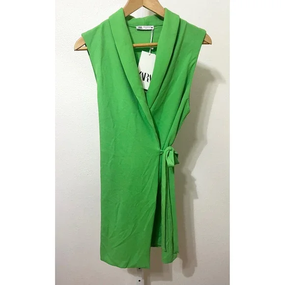 NWT Zara Wrap Mini Dress Women Medium Green Sleeveless Shawl Collar Side Tie - Picture 2 of 9